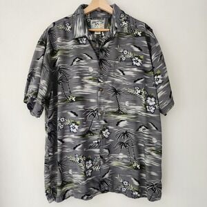 Big Dogs Gray Hawaiian print dog short sleeve button front rayon shirt mens sz L